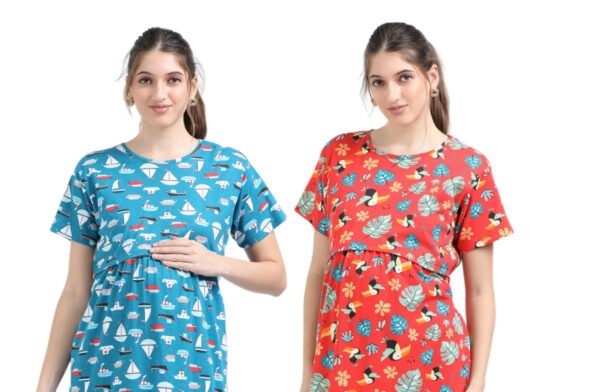 Zipless Maternity Feeding Dress – Blue & Orange Combo