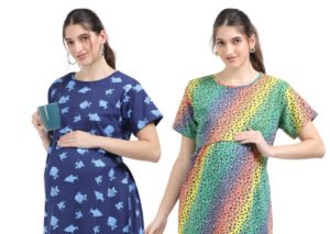 Zipless Maternity Feeding Dress – Navy Blue & Rainbow Combo
