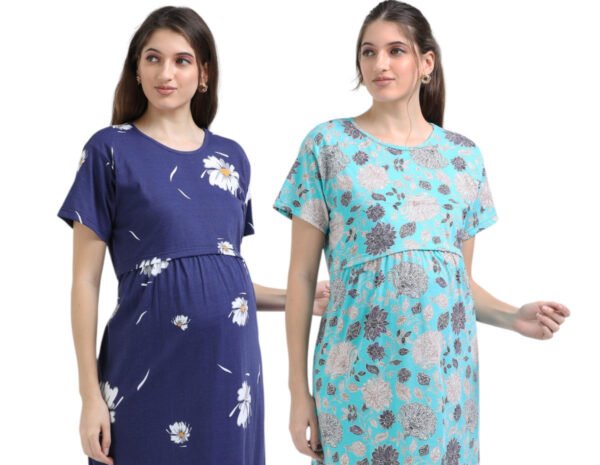 Zipless Maternity Feeding Dress – Sky Blue & Navy Blue Combo