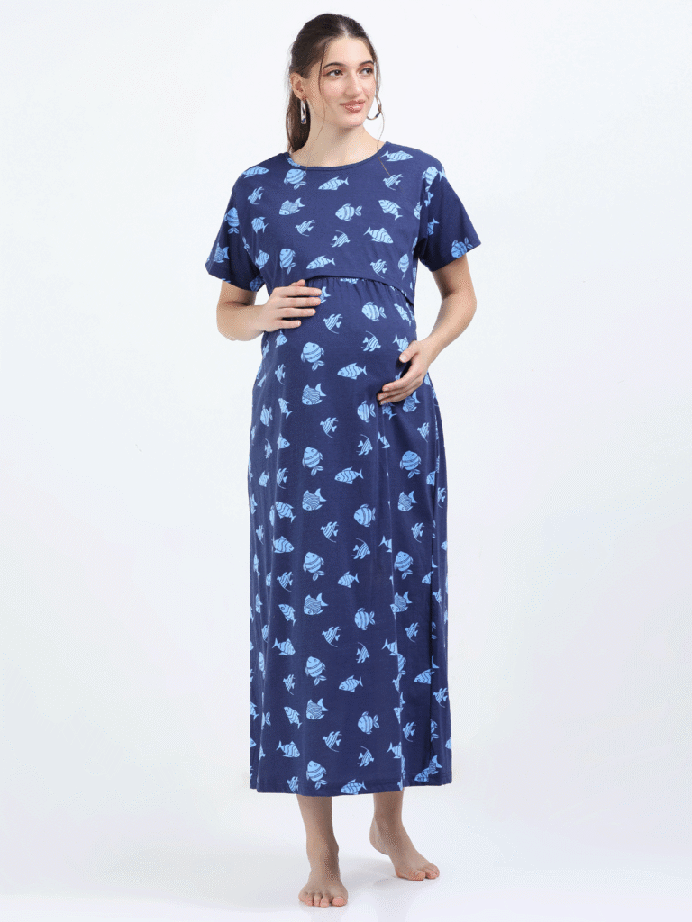 Blue Zipless Maternity Feeding Dress – Fun Fish Print