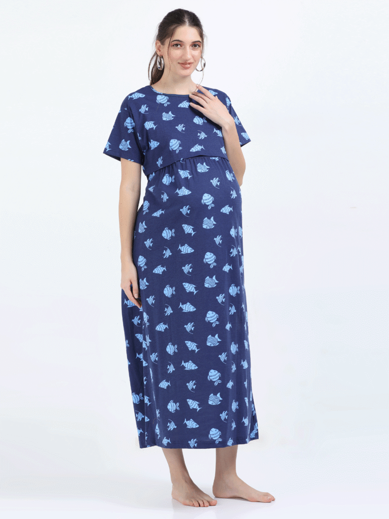 Blue Zipless Maternity Feeding Dress – Fun Fish Print
