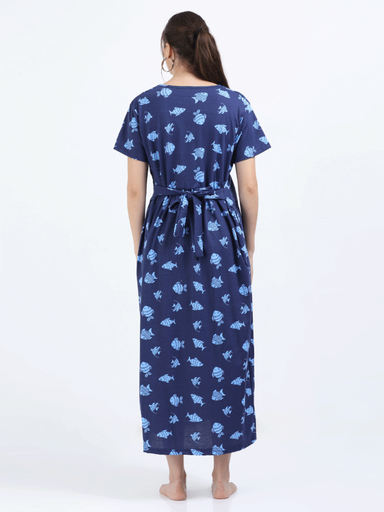 Blue Zipless Maternity Feeding Dress – Fun Fish Print