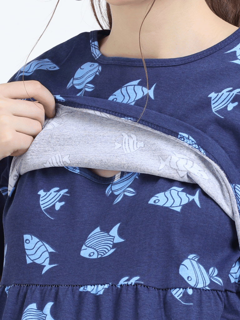 Blue Zipless Maternity Feeding Dress – Fun Fish Print