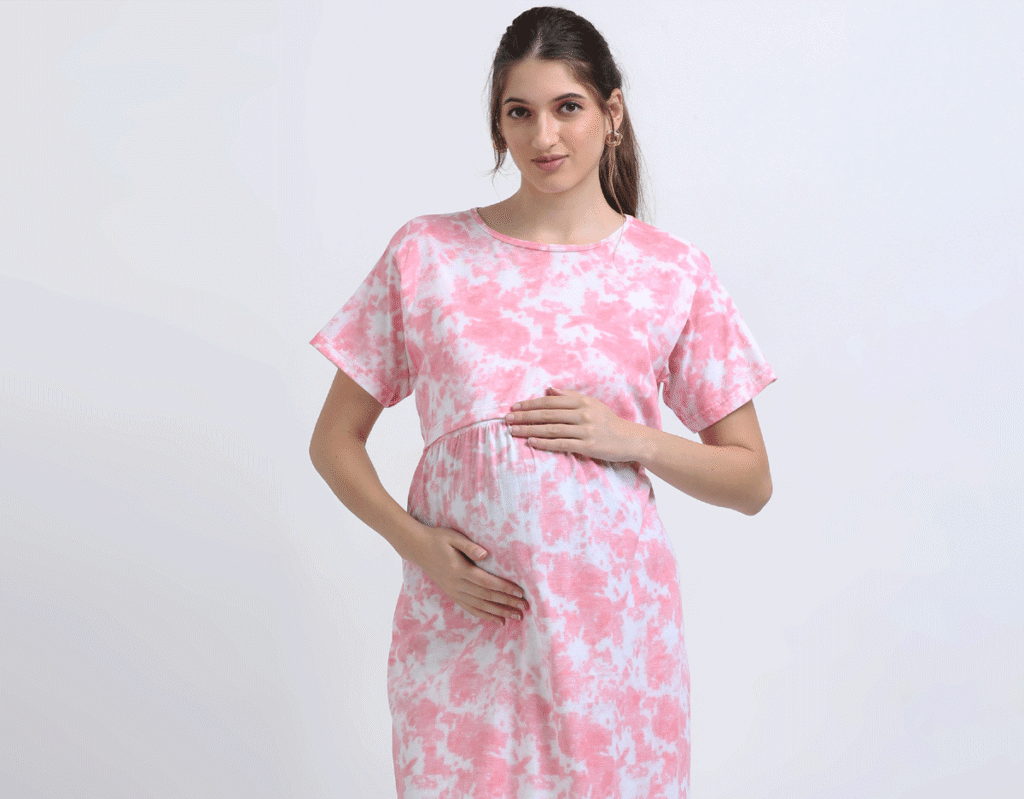 Pink & White Zipless Maternity Feeding Dress-PINK D&D