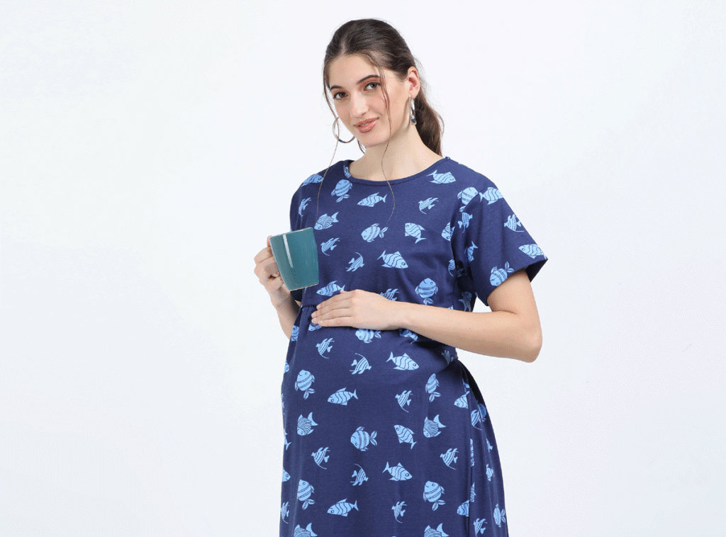 Blue Zipless Maternity Feeding Dress – Fun Fish Print