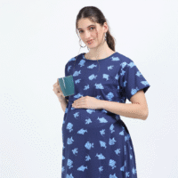 Blue Zipless Maternity Feeding Dress – Fun Fish Print
