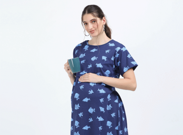 Blue Zipless Maternity Feeding Dress – Fun Fish Print