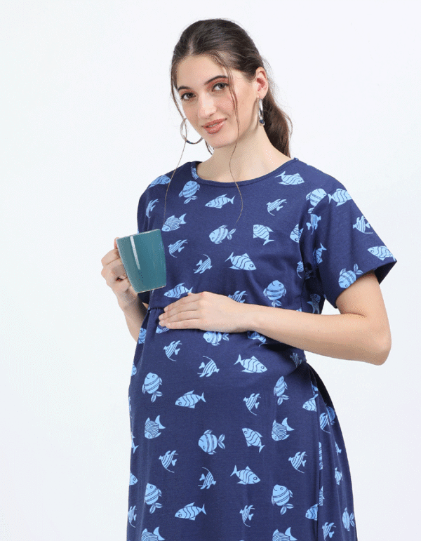 Blue Zipless Maternity Feeding Dress – Fun Fish Print