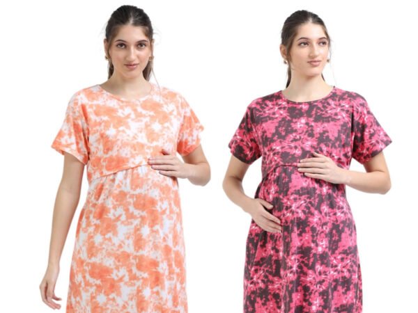 Zipless Maternity Feeding Dress – Orange & Pink Combo