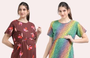 Zipless Maternity Feeding Dress – Maroon & Rainbow Combo
