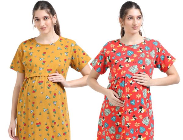 Zipless Maternity Feeding Dress – Yellow & Red Combo
