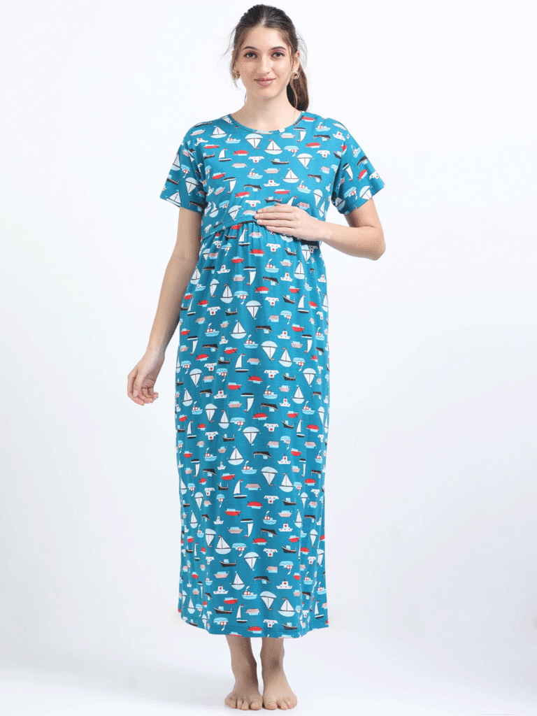 Breastfeeding Dress – Blue with Boat Print