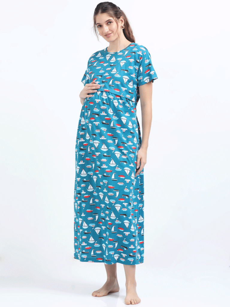 Breastfeeding Dress – Blue with Boat Print