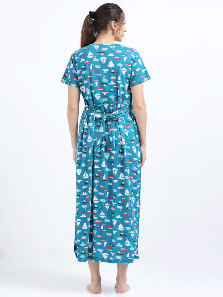 Breastfeeding Dress – Blue with Boat Print