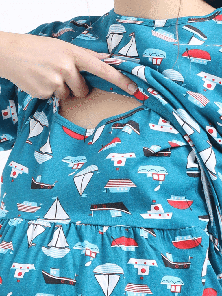 Breastfeeding Dress – Blue with Boat Print