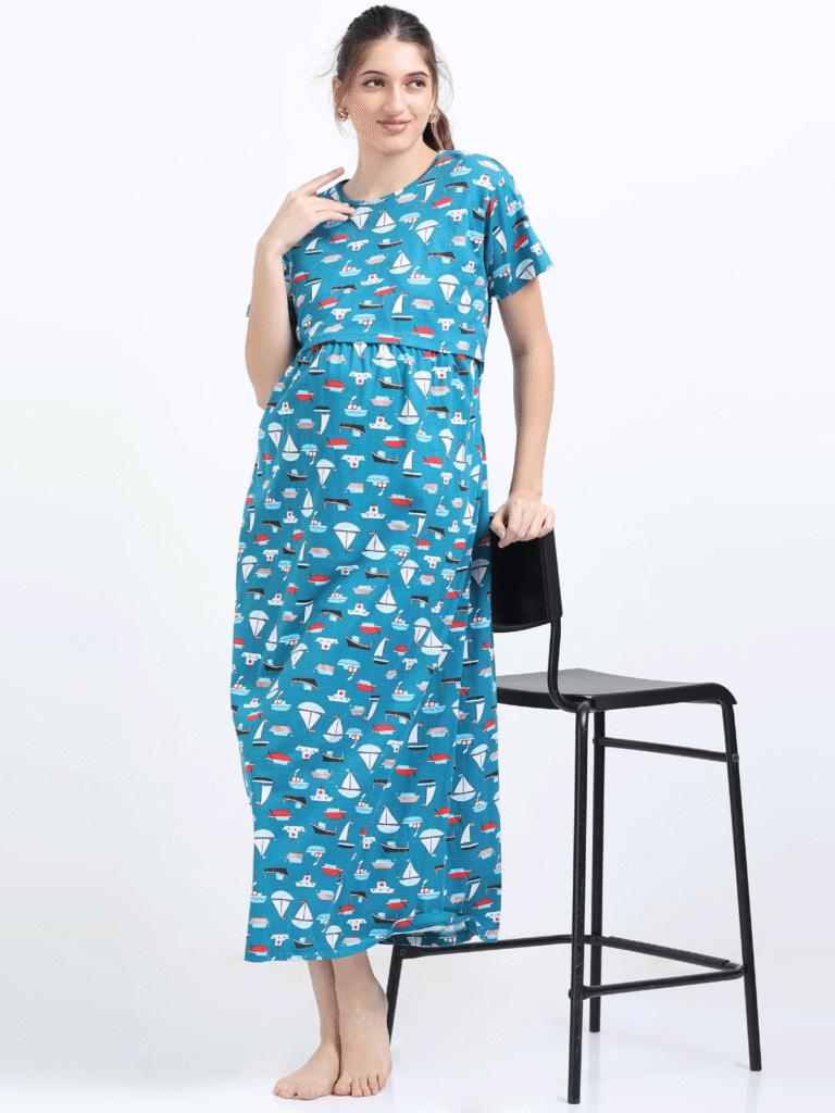 Breastfeeding Dress – Blue with Boat Print