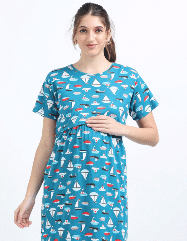 Breastfeeding Dress – Blue with Boat Print