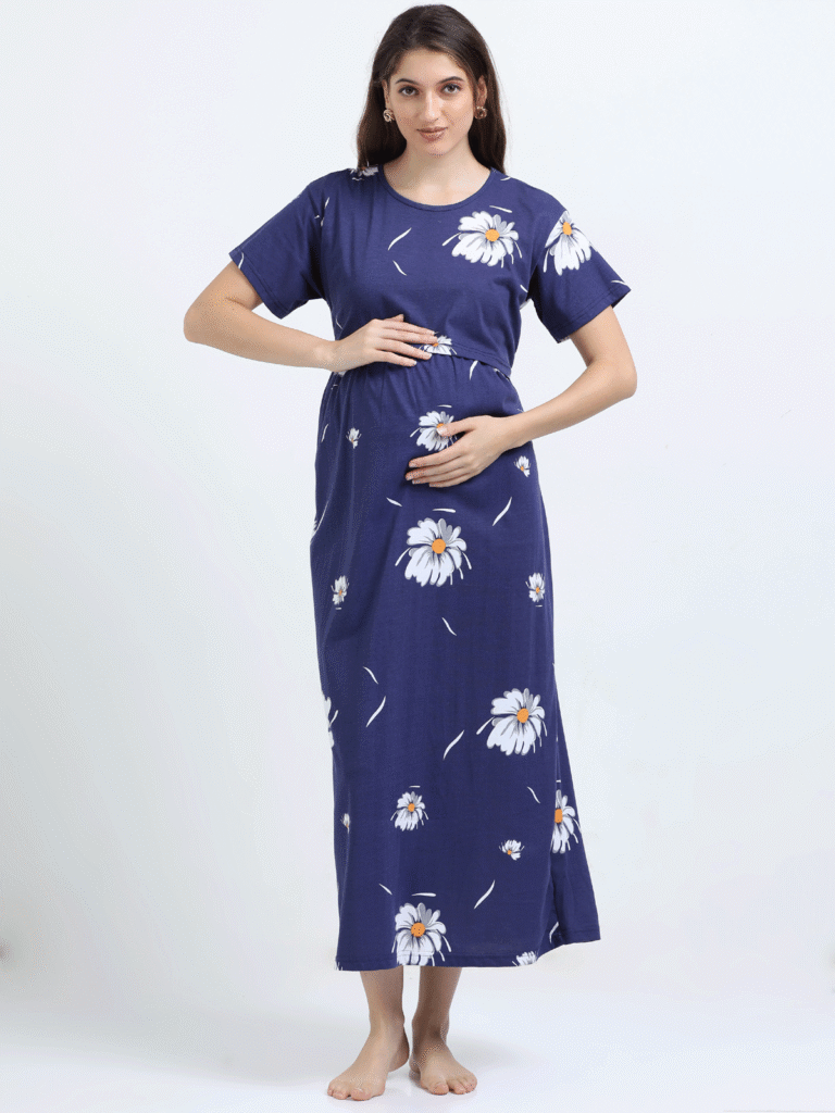 Blue Zipless Nursing Dress with Back Knot