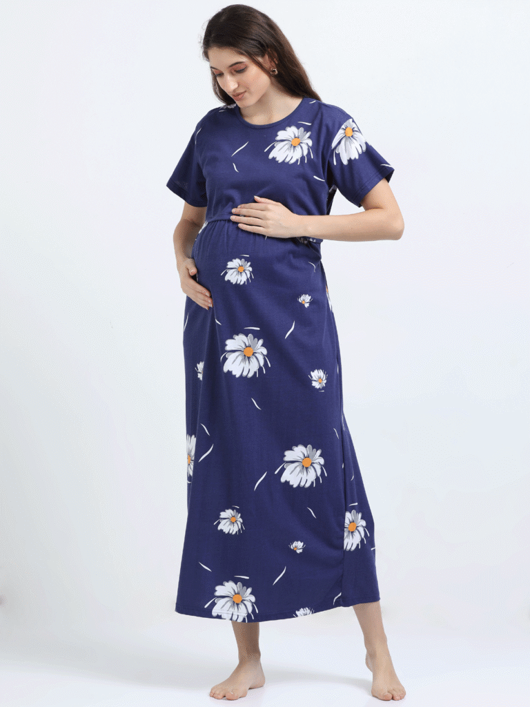 Blue Zipless Nursing Dress with Back Knot