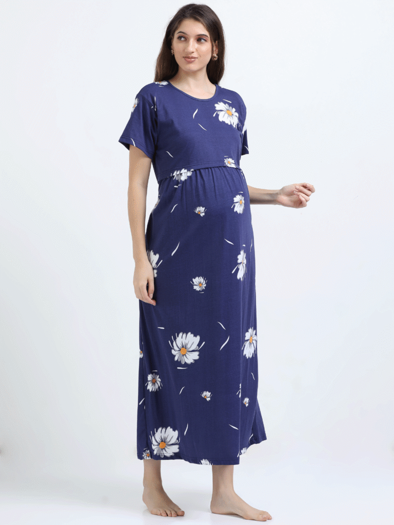 Blue Zipless Nursing Dress with Back Knot
