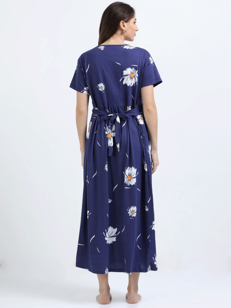 Blue Zipless Nursing Dress with Back Knot
