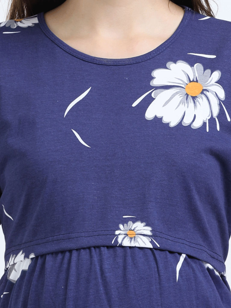 Blue Zipless Nursing Dress with Back Knot