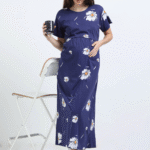 Blue Zipless Nursing Dress with Back Knot