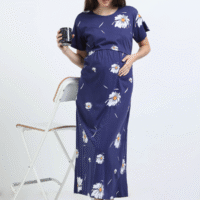 Blue Zipless Nursing Dress with Back Knot