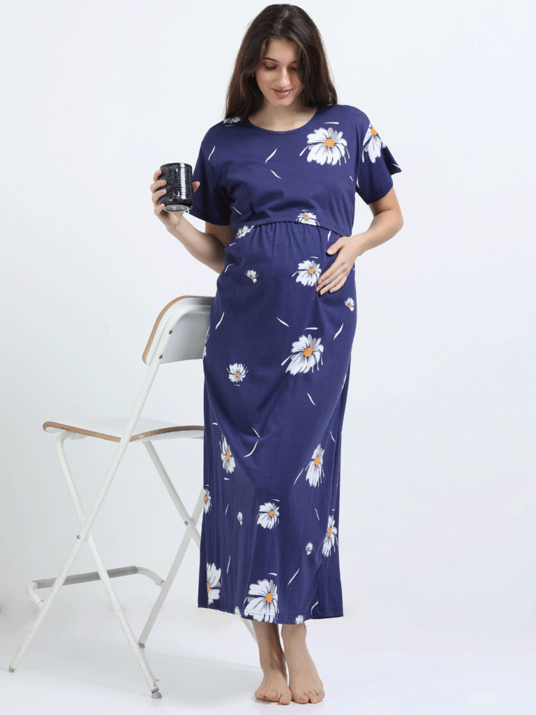 Blue Zipless Nursing Dress with Back Knot