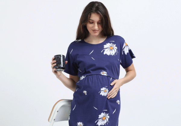 Blue Zipless Nursing Dress with Back Knot