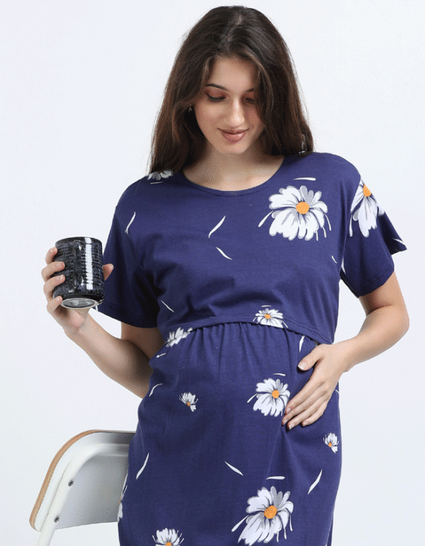 Blue Zipless Nursing Dress with Back Knot