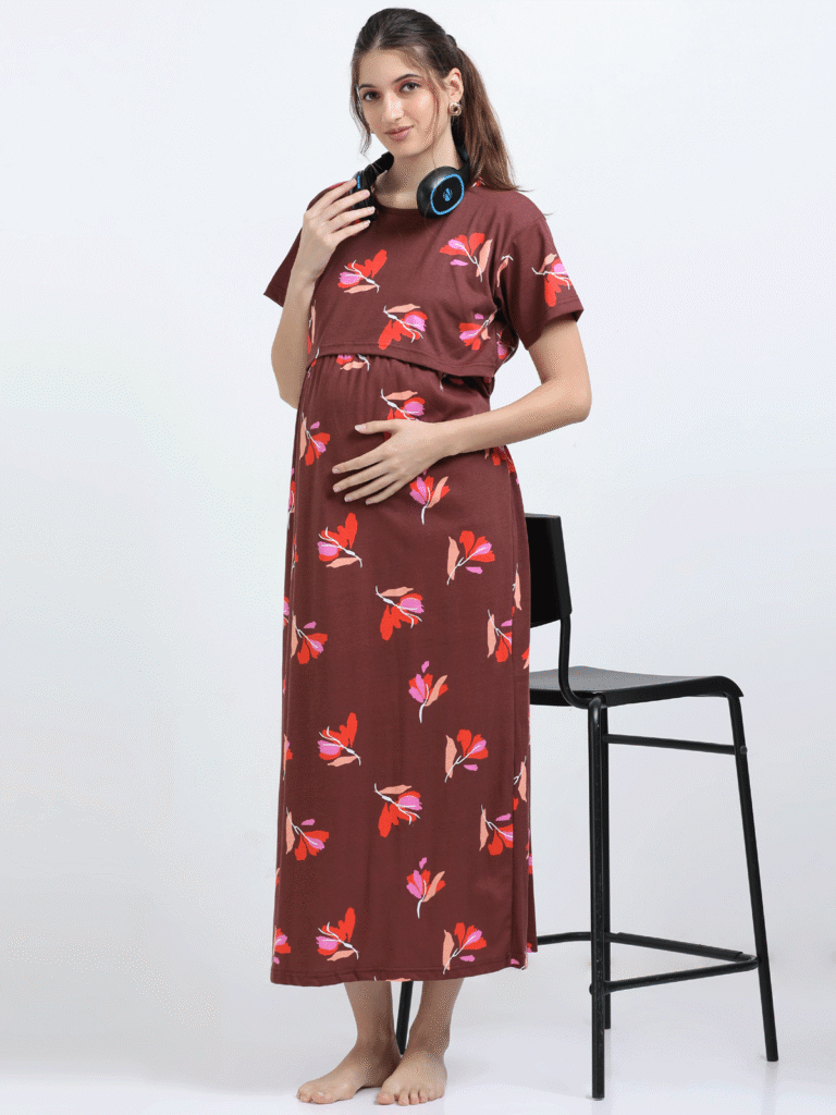 Brown Zipless Maternity Feeding Dress