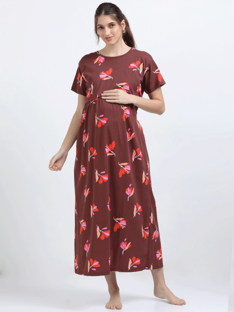 Brown Zipless Maternity Feeding Dress
