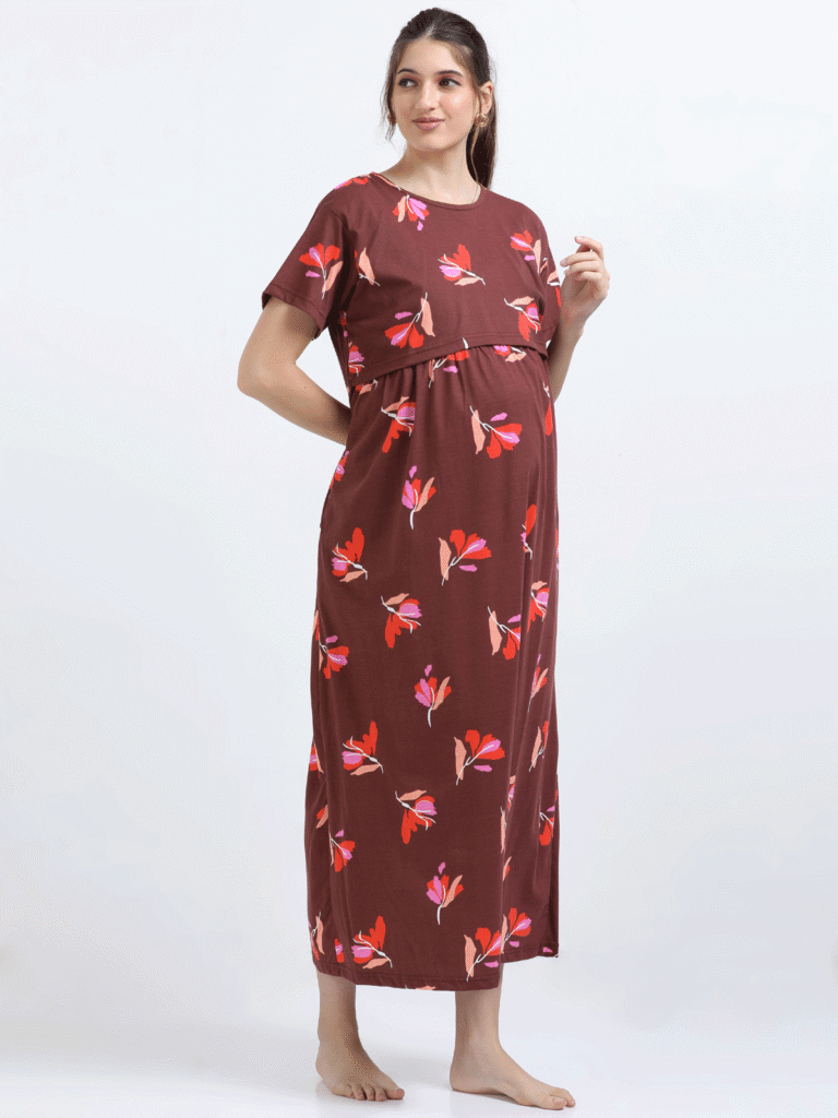 Brown Zipless Maternity Feeding Dress