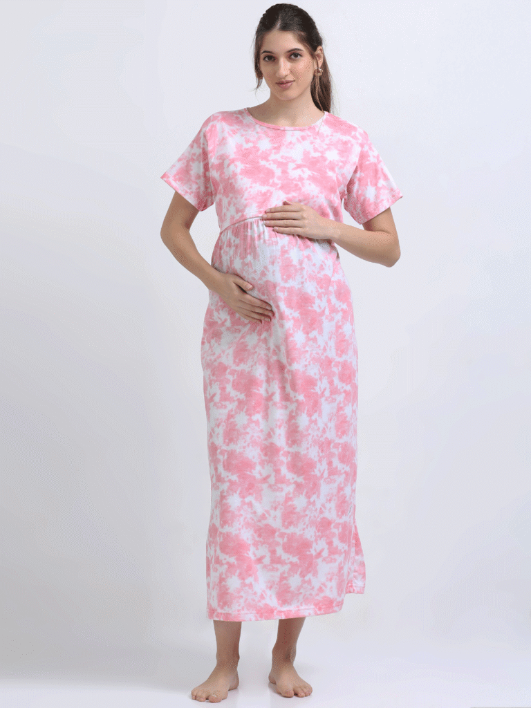Pink & White Zipless Maternity Feeding Dress-PINK D&D
