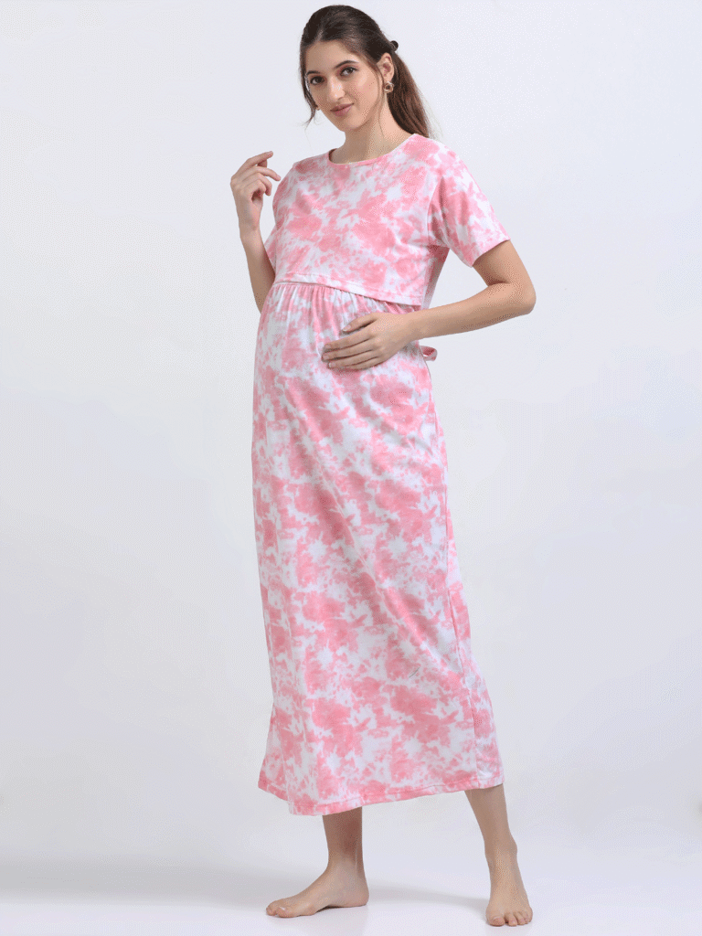 Pink & White Zipless Maternity Feeding Dress-PINK D&D