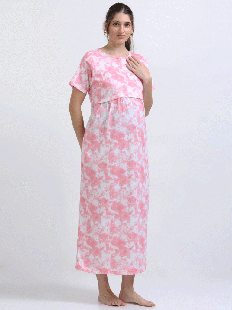 Pink & White Zipless Maternity Feeding Dress-PINK D&D