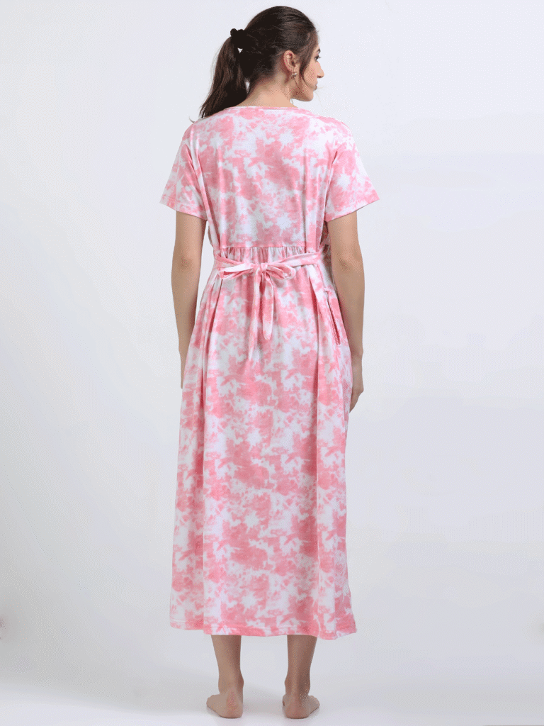 Pink & White Zipless Maternity Feeding Dress-PINK D&D