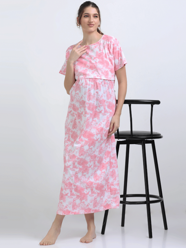 Pink & White Zipless Maternity Feeding Dress-PINK D&D