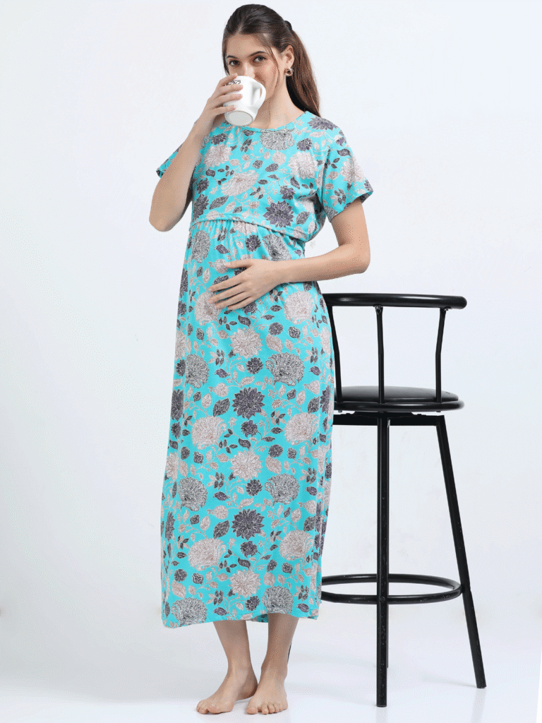 Sky Blue Zipless Maternity Feeding Dress – Floral