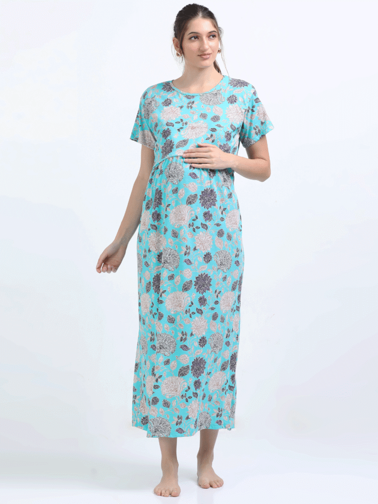Sky Blue Zipless Maternity Feeding Dress – Floral