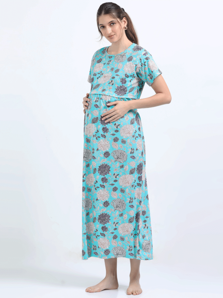 Sky Blue Zipless Maternity Feeding Dress – Floral