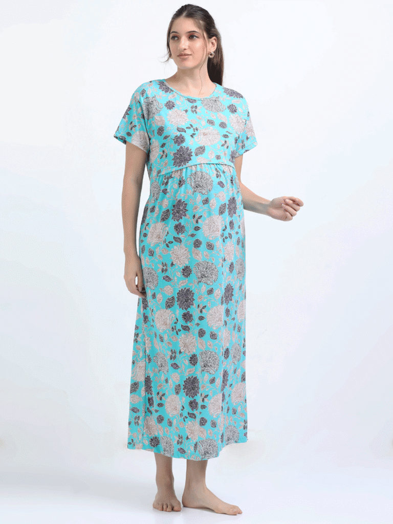 Sky Blue Zipless Maternity Feeding Dress – Floral