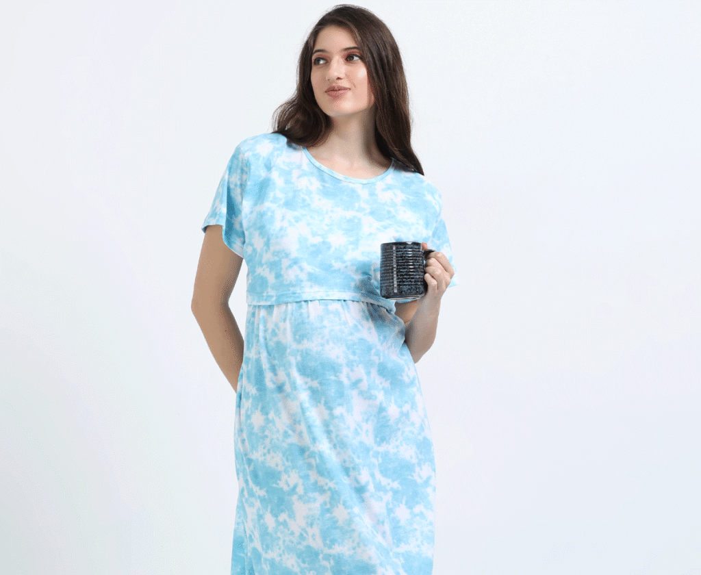 Zipless Maternity Feeding Dress with Back Knot – Sky Blue