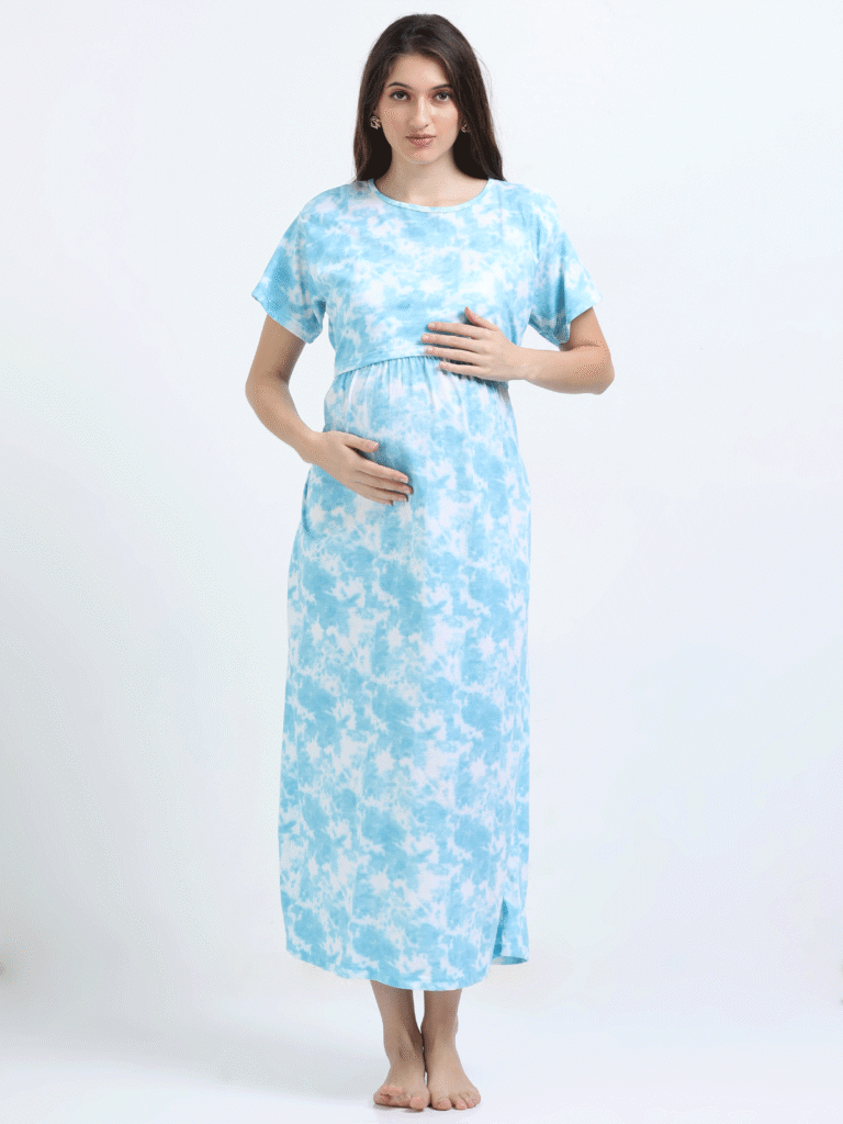Zipless Maternity Feeding Dress with Back Knot – Sky Blue