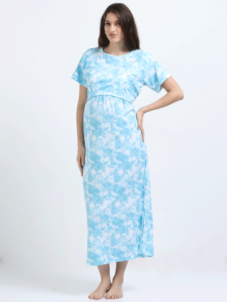 Zipless Maternity Feeding Dress with Back Knot – Sky Blue