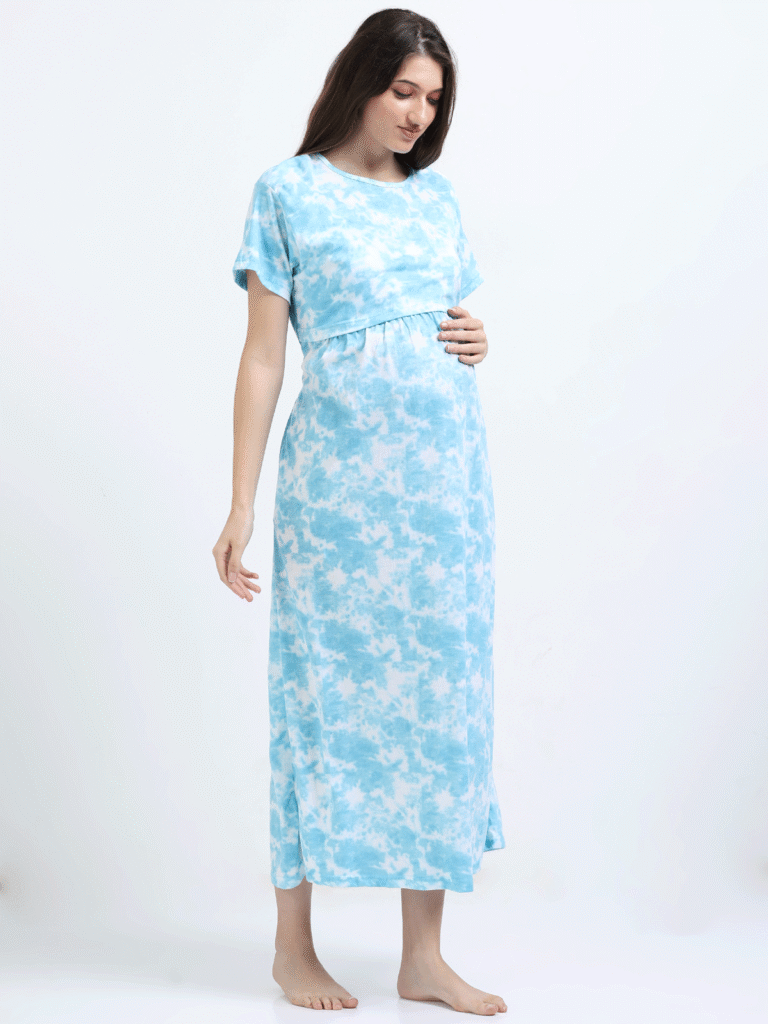 Zipless Maternity Feeding Dress with Back Knot – Sky Blue