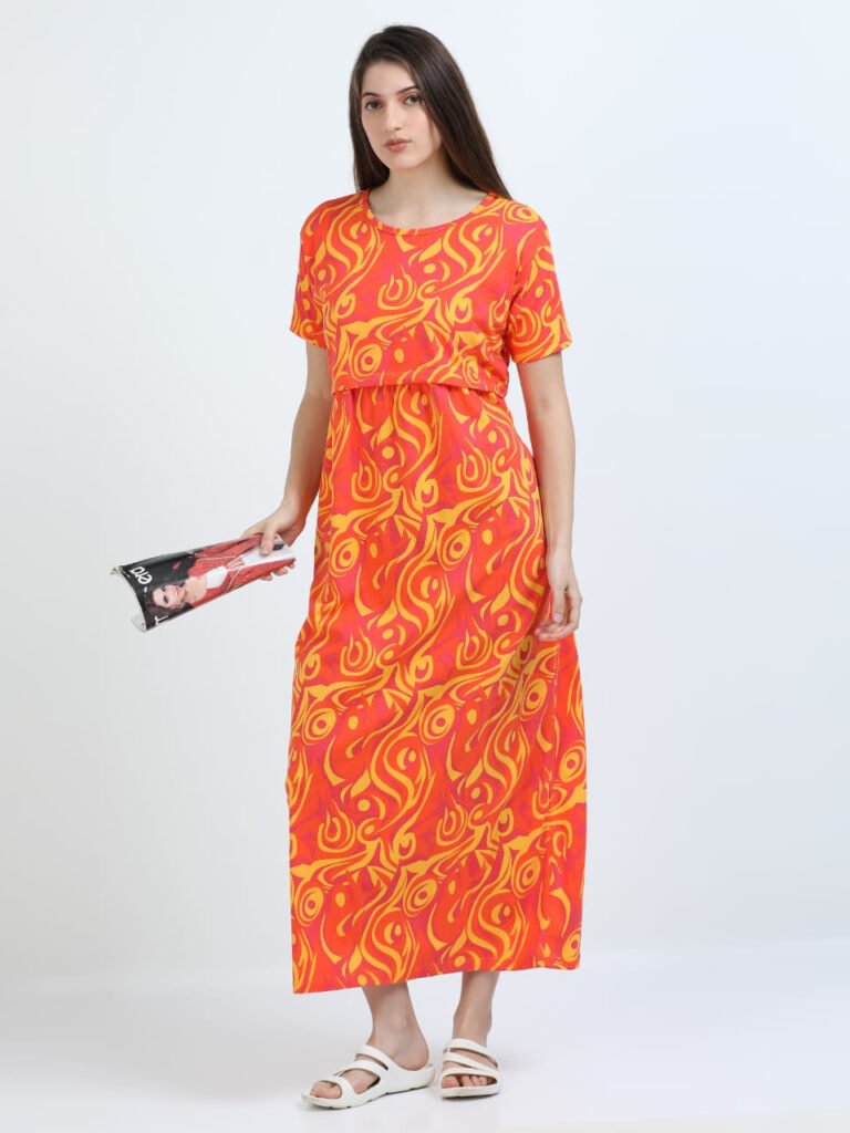 Orange Zipless Maternity Feeding Dress – Comfort & Style for Moms