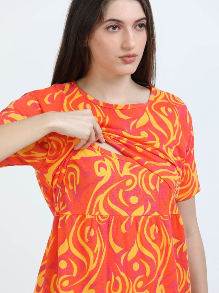 Orange Zipless Maternity Feeding Dress – Comfort & Style for Moms