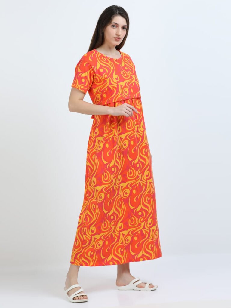 Orange Zipless Maternity Feeding Dress – Comfort & Style for Moms